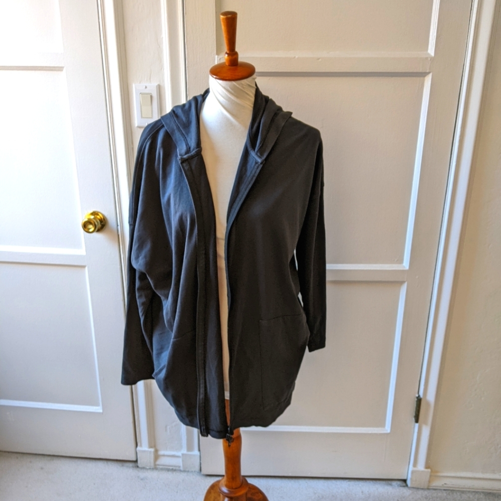 eskandar navy blue cotton jersey zip up hooded top One size